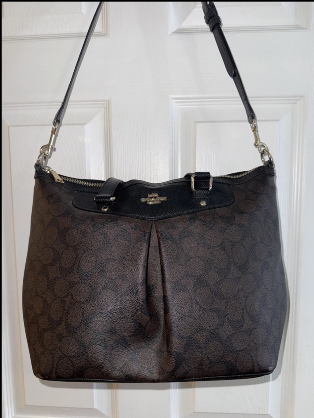 Coach Genuine Leather Shoulder Bag Dark Brown With Black Logo